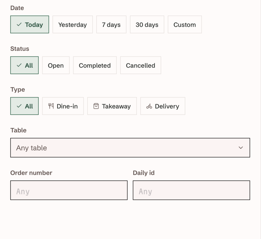 Staff app order filters with Date, Status, Type, Table, Order number, and Daily id.