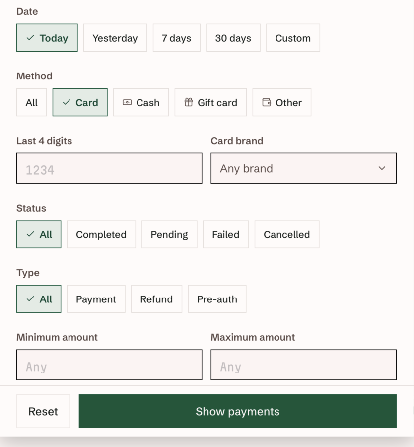 Staff app payment filters showing Card, blank last-four and card-brand fields, payment statuses, action types, and amount limits.